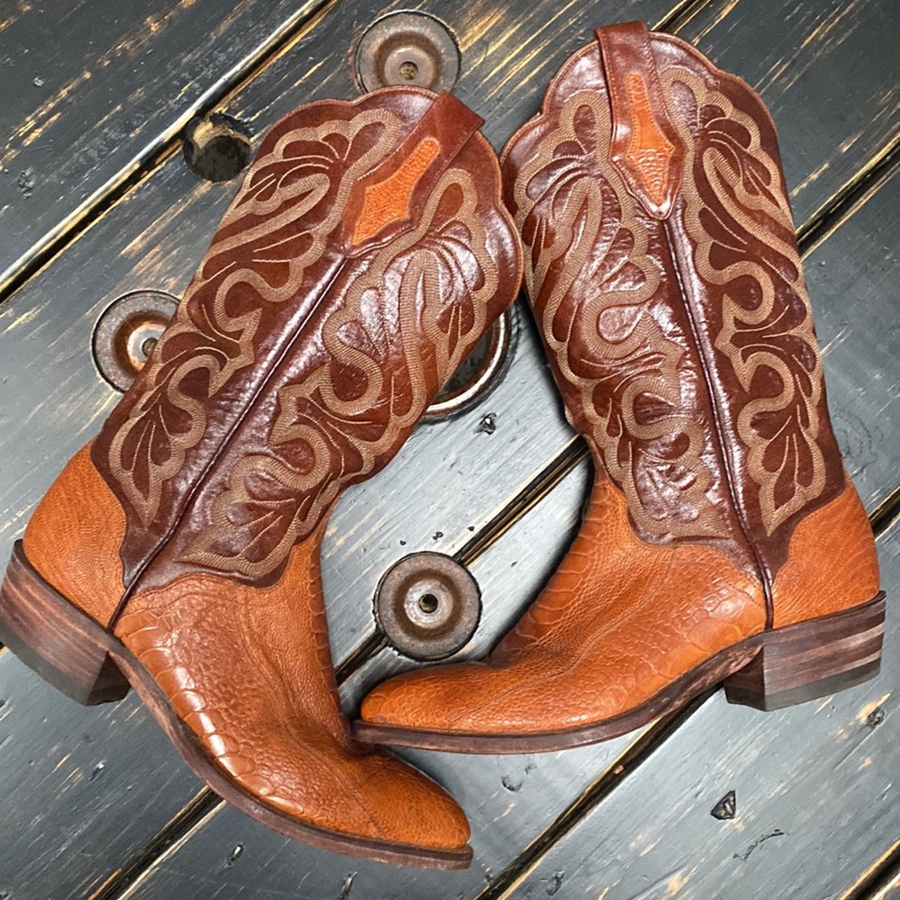 El Dorado Men's Handmade Ostrich Leg Brass Western Boots - Medium Toe Size 8.5D